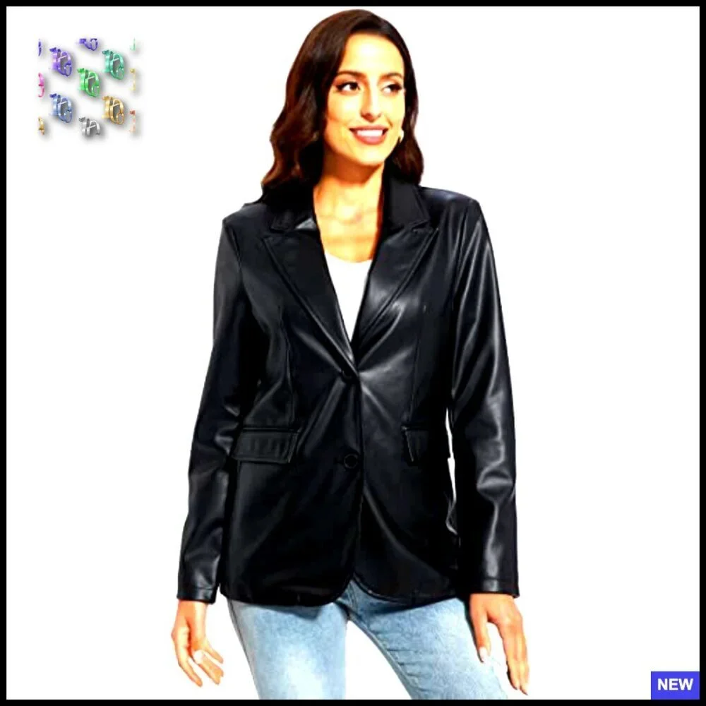 Faux Leather Blazer Jacket Oversized Moto Biker Coat Vegan Pleather Chic